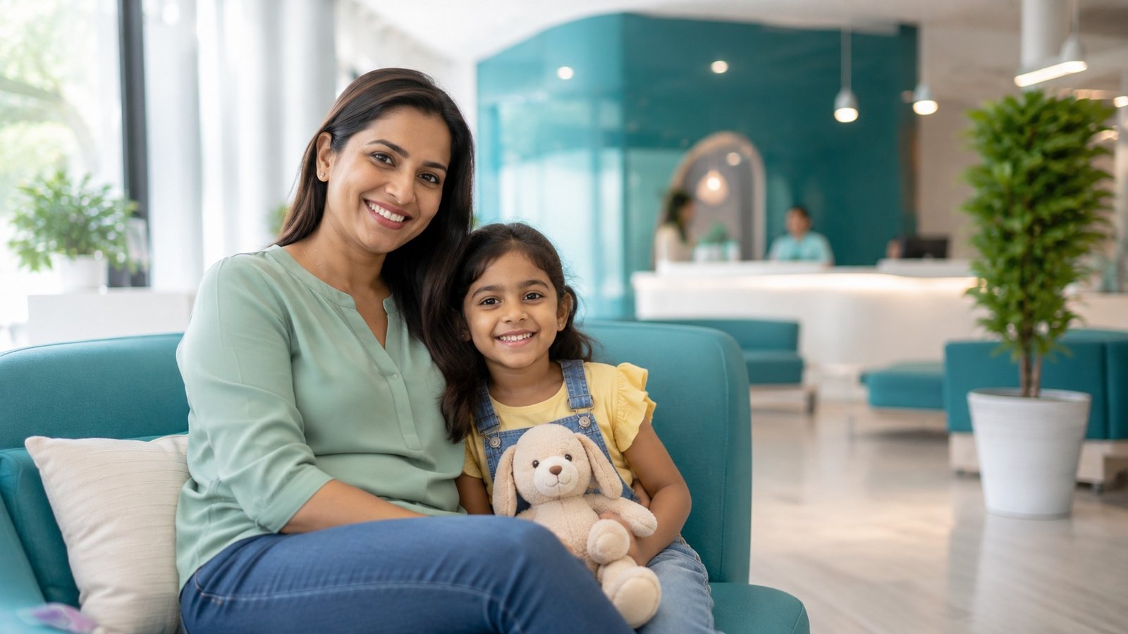 Parent and child in waiting area of pediatric friendly dental clinic in Kankurgachi Kolkata