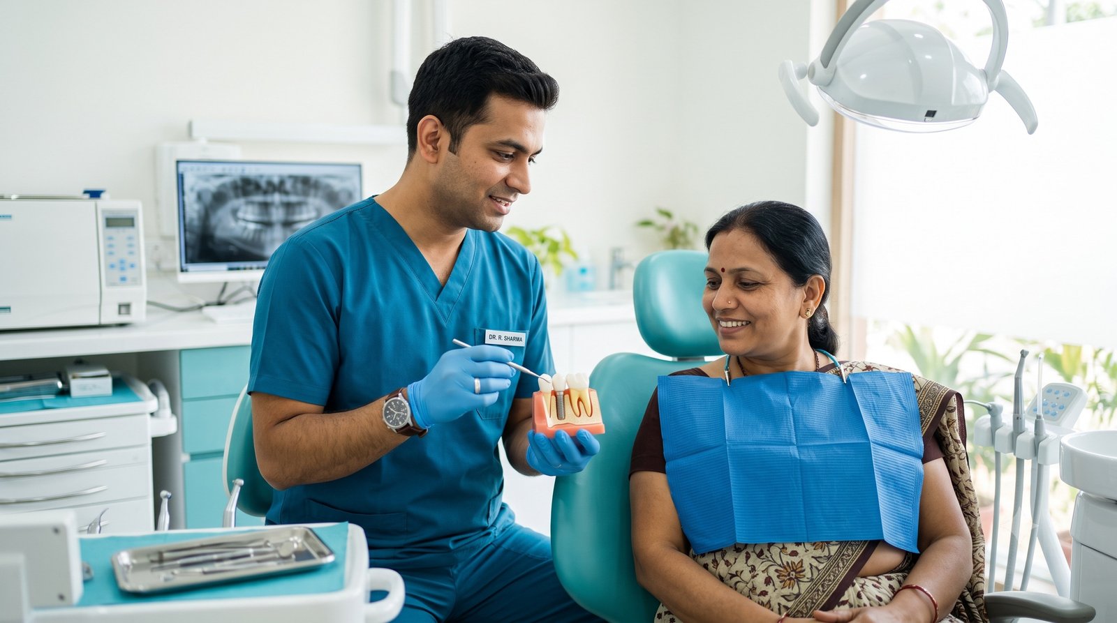 Dentist explaining dental implant cost and procedure to a patient at a clinic in Kankurgachi, Kolkata