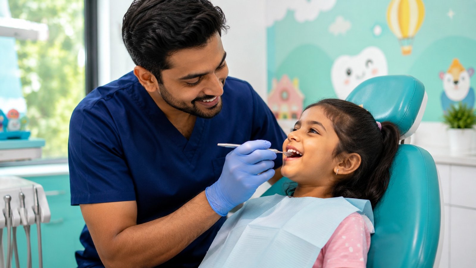 Child-friendly pediatric dentist examining a young patient's teeth at a clinic in Kankurgachi Kolkata
