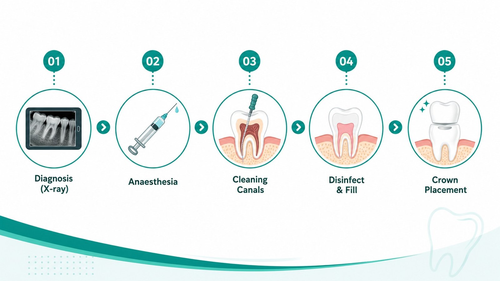Five step infographic of root canal treatment process from diagnosis to crown placement